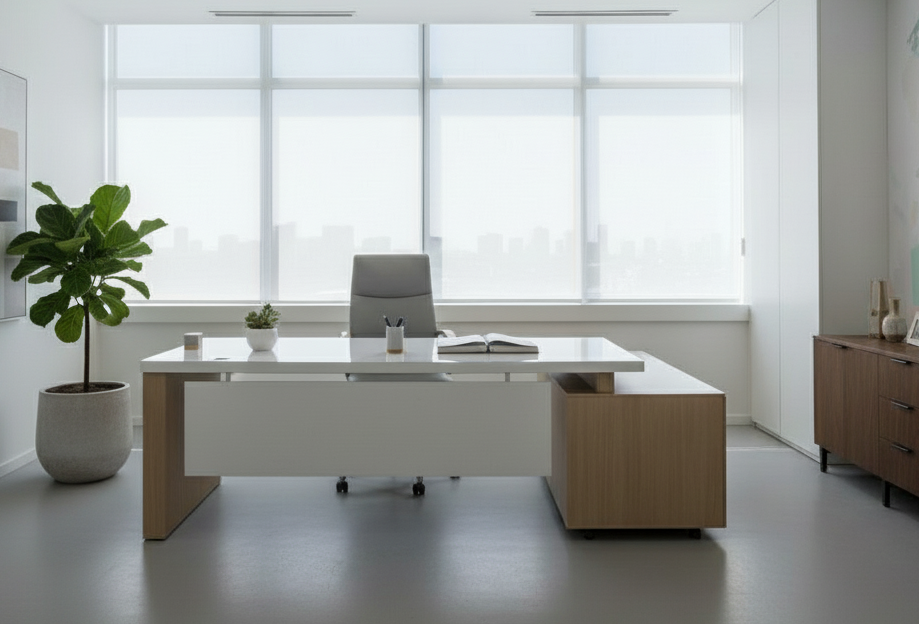 Ez a bükk-fehér vezetői irodabútor kombináció kiegészül egy ergonómikus vezetői székkel.